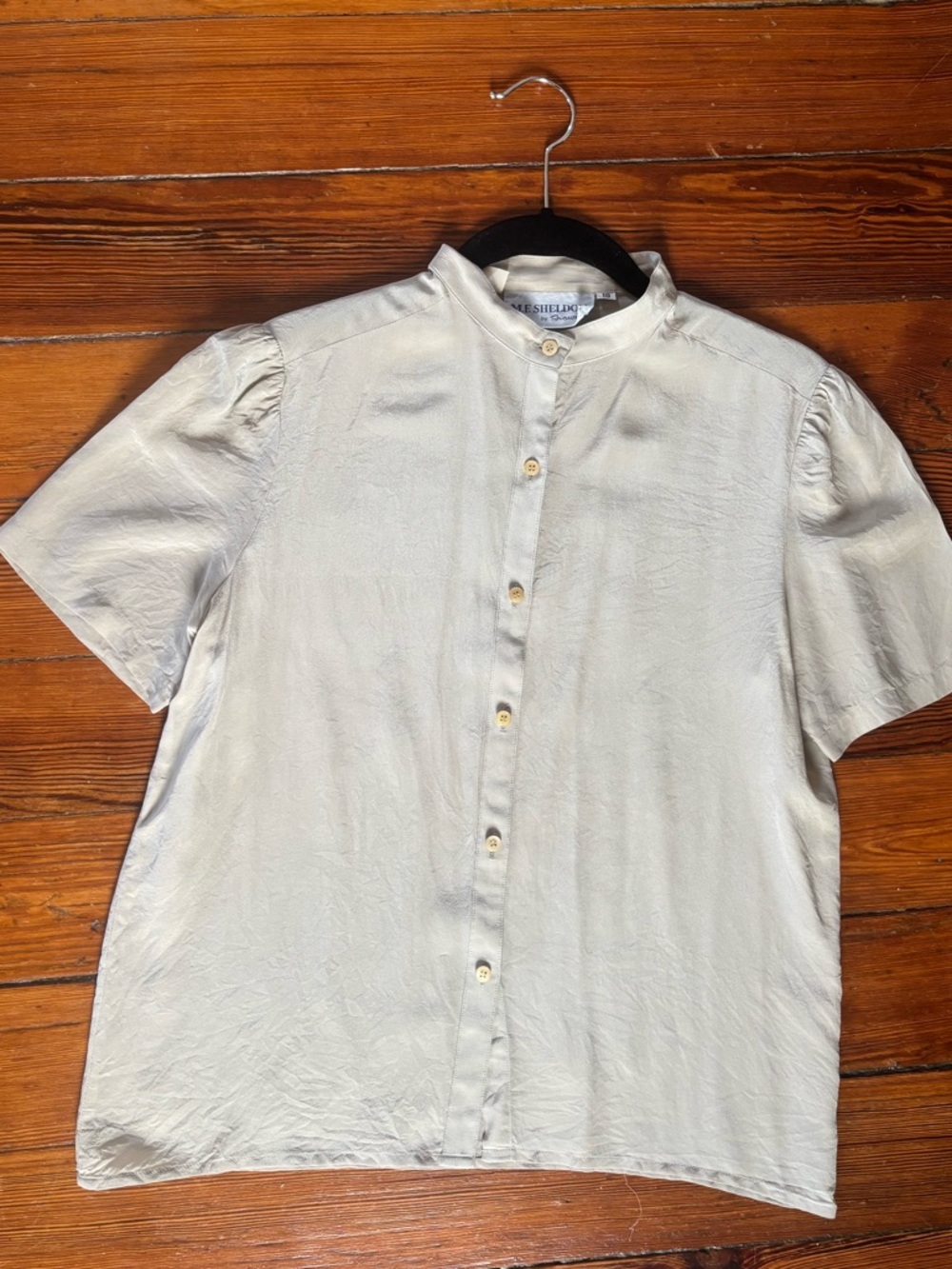 Vintage Silk Short Sleeve Button-Down Blouse in Taupe
